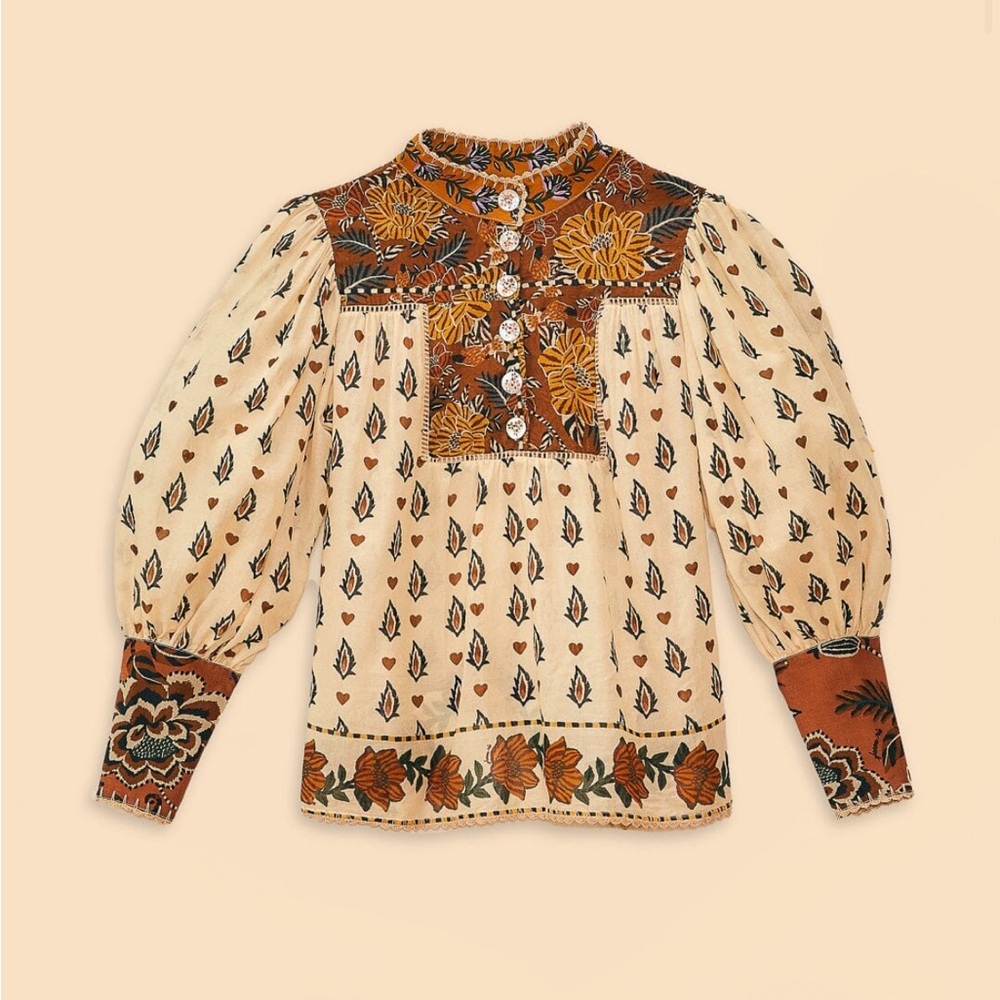 Farm Rio Beige Ainika Floral Long Sleeve Blouse